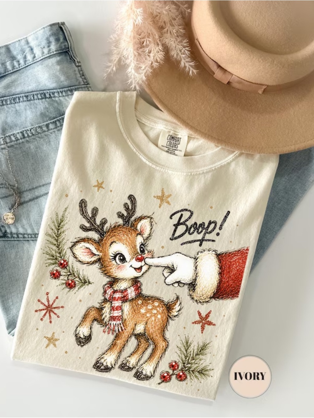 Comfort Colors Ivory Reindeer Graphic Short Sleeve Tee, Gift For Her, For Him